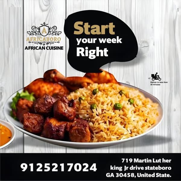 Africaboro's African cuisine features a plate of jollof rice with peas, chicken, and stewed meat.