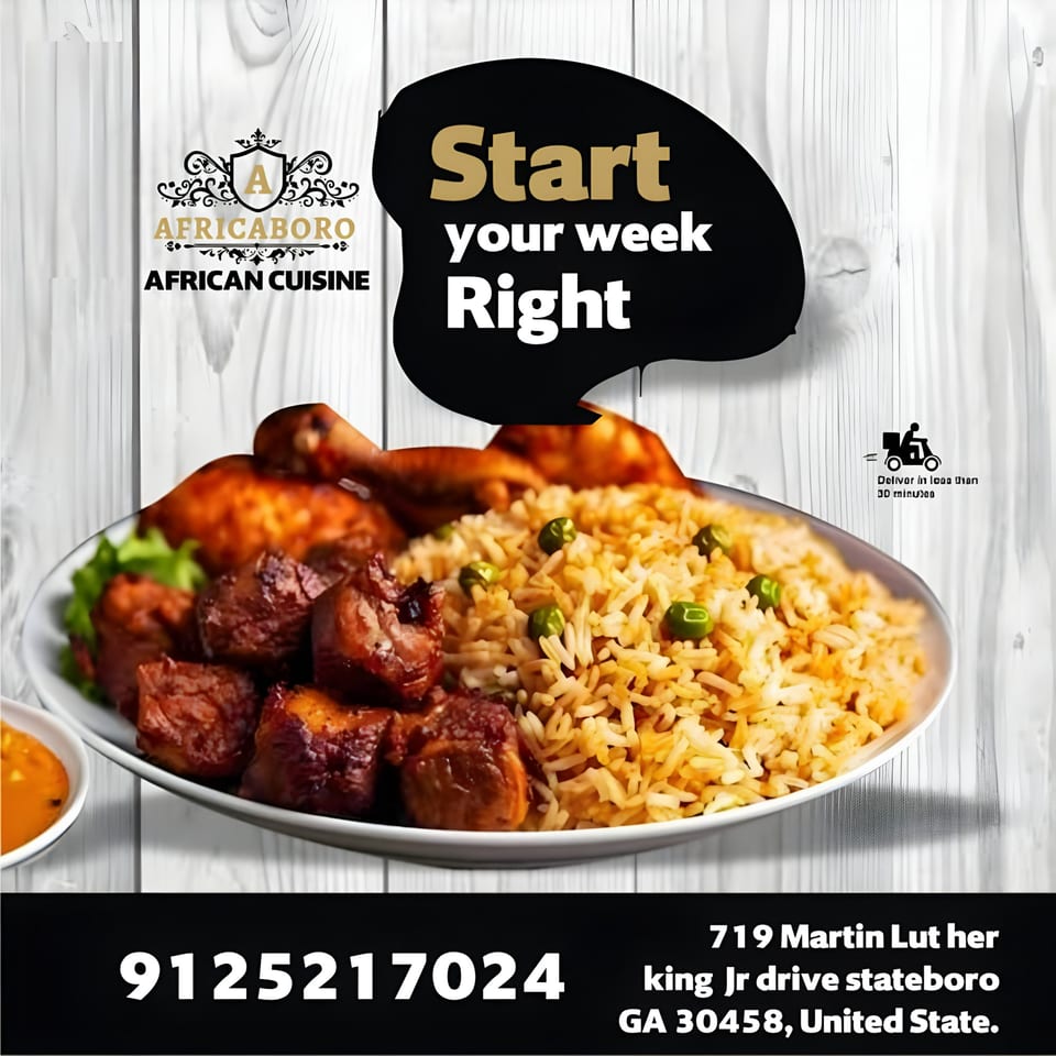 Africaboro's African cuisine features a plate of jollof rice with peas, chicken, and stewed meat.