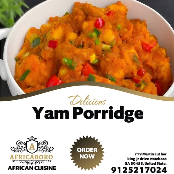 Africaboro's delicious Yam Porridge, a vibrant orange dish with red and green peppers, in a white bowl.