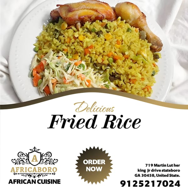Africaboro's fried rice with vegetables, two pieces of chicken, and a side of coleslaw on a white plate.