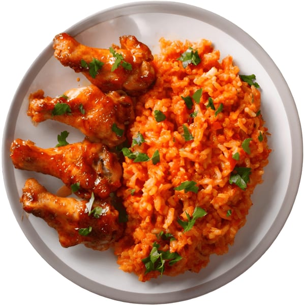 Africaboro's jollof rice with three glazed chicken drumsticks, garnished with parsley on a white plate.