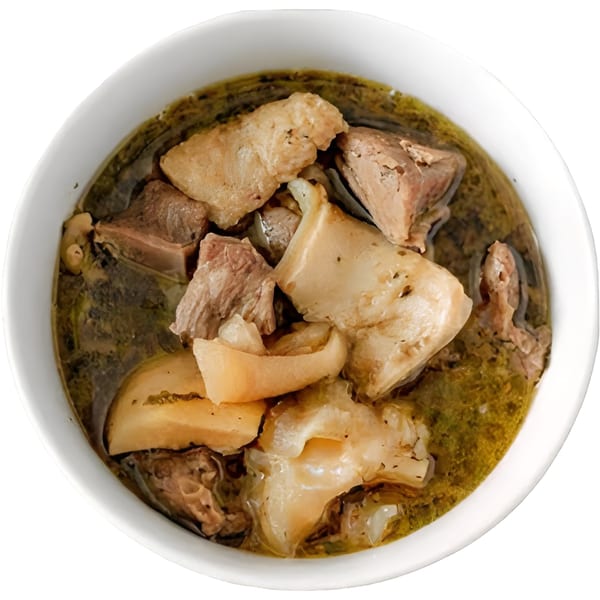 Africaboro's African stew with large chunks of meat and vegetables in a rich, dark broth.